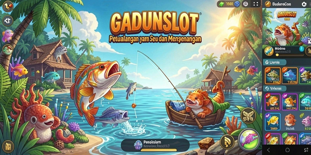 Tampilan gameplay GADUNSLOT dengan ikan yang melompat di air.