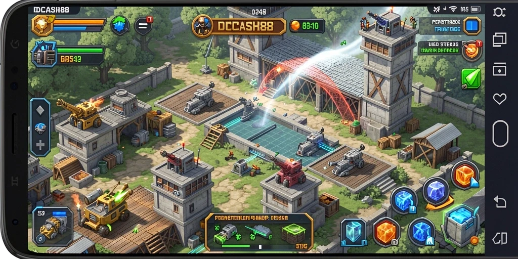 Tangkapan layar permainan Tower Defense yang intens dan menegangkan.