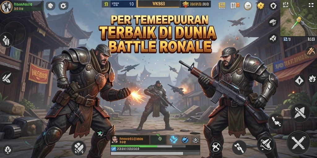 Screenshot gameplay seru dari WK888 memperlihatkan aksi pertempuran Battle Royale.
